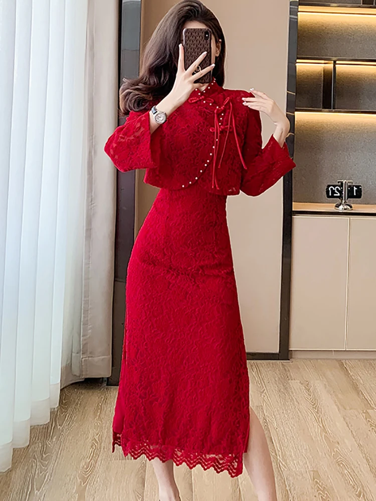 2024 Red Lace Hook Flower Hollow Vintage Long Dress Suits Women Elegant Luxury Festival Dress Autumn Winter Fashion Bodycon Robe