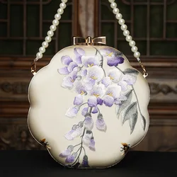 Cape-Bay Brand Crossbody Bag, Small Bag, Mini Bag, Metal Clasp Chain Bag, Women's Bag, Chinese Ethnic Style Suzhou Embroidery Craftsmanship, Silk-Like Fabric Bag, Floral Pattern, Classical Aristocratic Elegance, Gold Metal-Edged Hard Shell Shoulder Bag, Embroidered Bag for Pairing with Cheongsam, Wedding Banquet Evening Bag