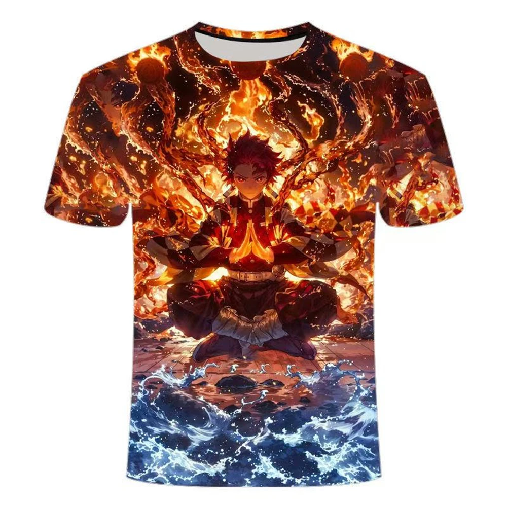 

Лето 2025 г., футболка с аниме-печкой Tanujiro Demon Slayer: Kimetsu No Yaiba-Infinity Castle, модный топ для взрослых и детей, повседневный топ Y2K