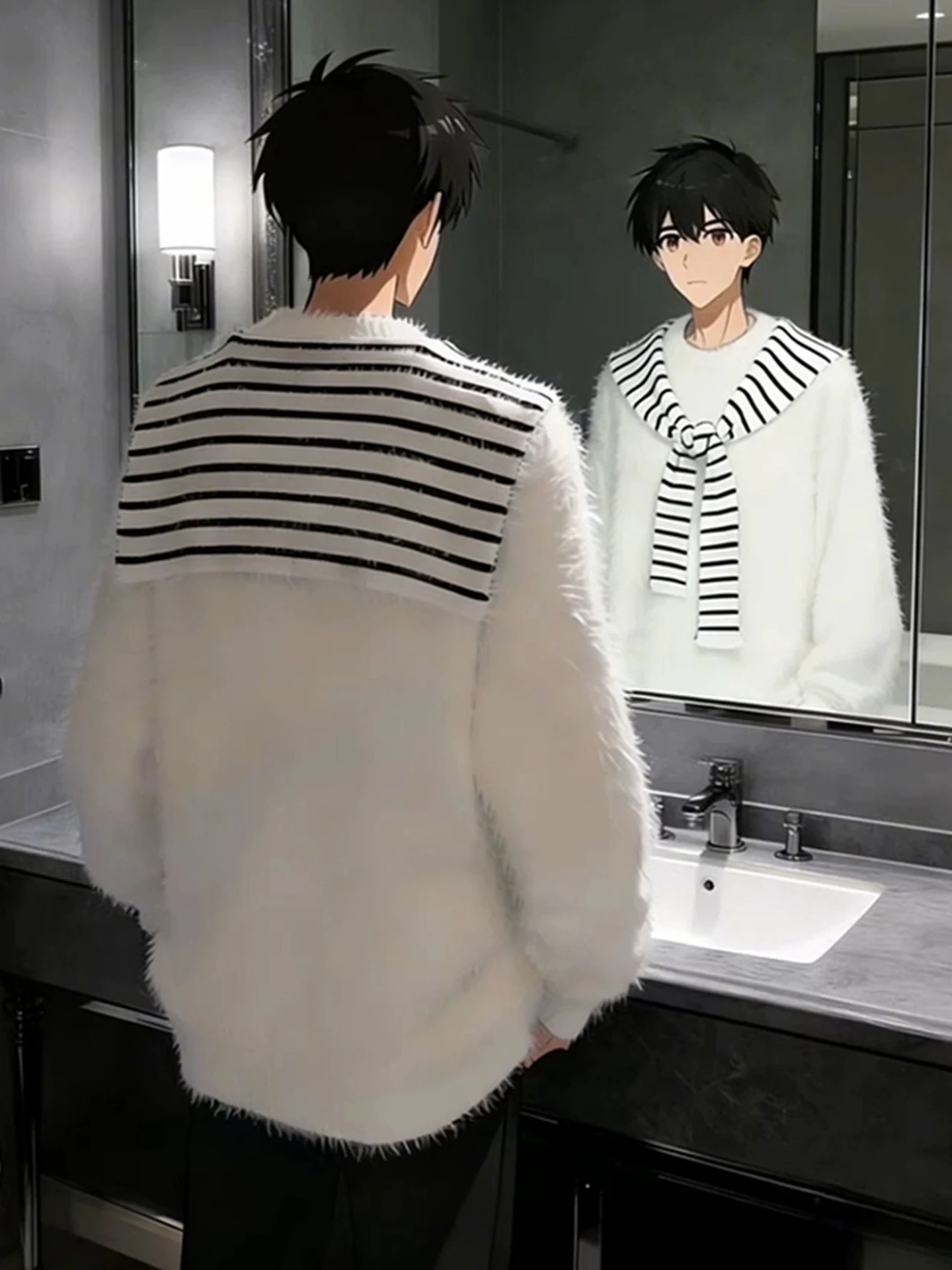 

Белый мужской вязаный свитер с эффектом двухслойности, зимний, в стиле кэжуал, премиум-класса, с круглым вырезом, корейский стиль, свободный крой, мягкий, с принтом