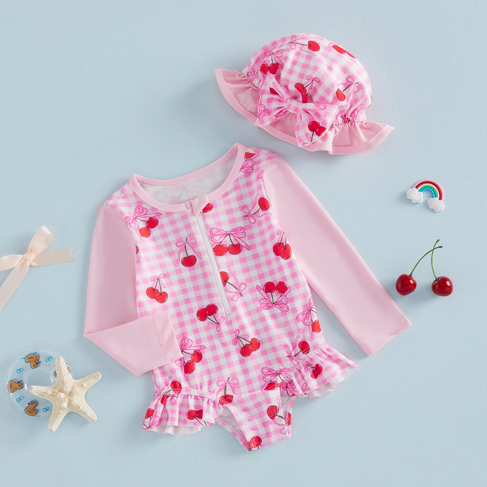 Tregren Toddler Baby Girl Rash Guard Swimsuit Cute Fashionable Long Sleeve Plaid Jumpsuit with Hat 2Pcs Swimwear