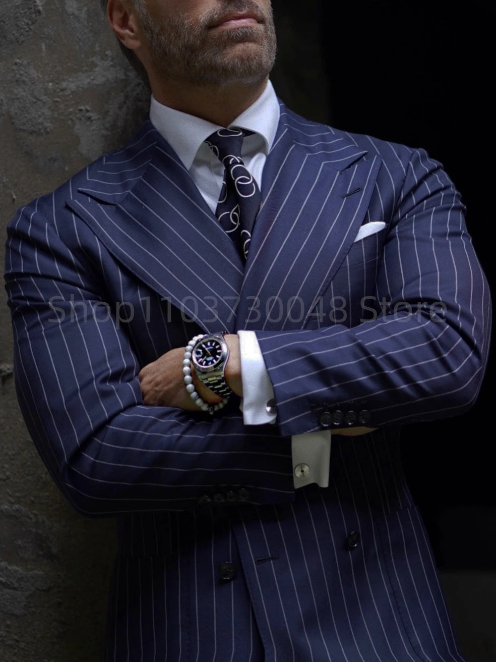 2 Pieces Navy Blue Striped Men's Suits Wedding Daily Business Formal Men Suits Silm Fit Two Buttons Blazer Vest Pants Suits Sets