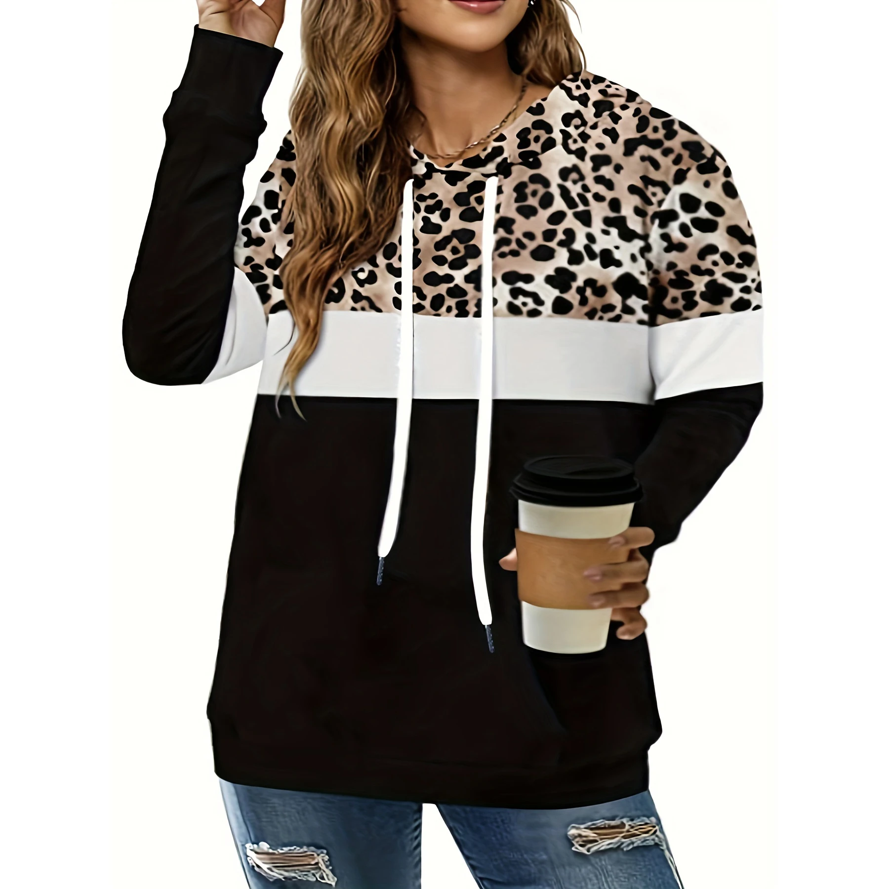 Women\'s Leopard Plaid Color Blocking Hoodie, 3D Print Sweatshirt, Autumn Winter Clothing, Loose Pullover, Plus Size, Hot Sales