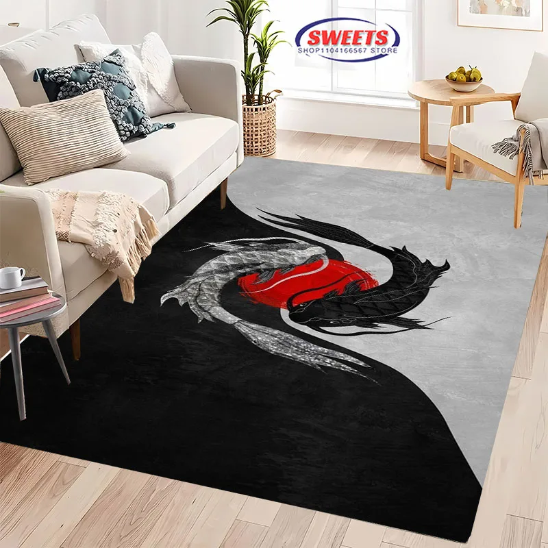 3D Mysterious Tai Chi White Fish Black Fish Cat Carpet for Home Living Room Bedroom, Sofa Doormat Floor Rug Anti-slip Decor Mat