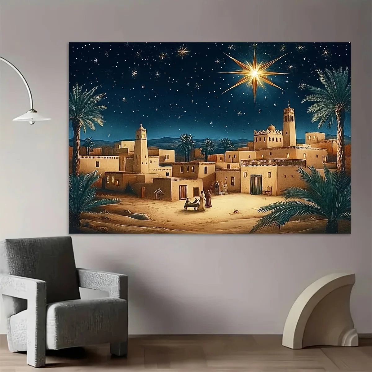 1-teiliges Bethlehem Star Weihnachts-Hintergrundtuch – ein ruhiger Nachthimmel und Palmenbaum-Design, Hintergrundtuch