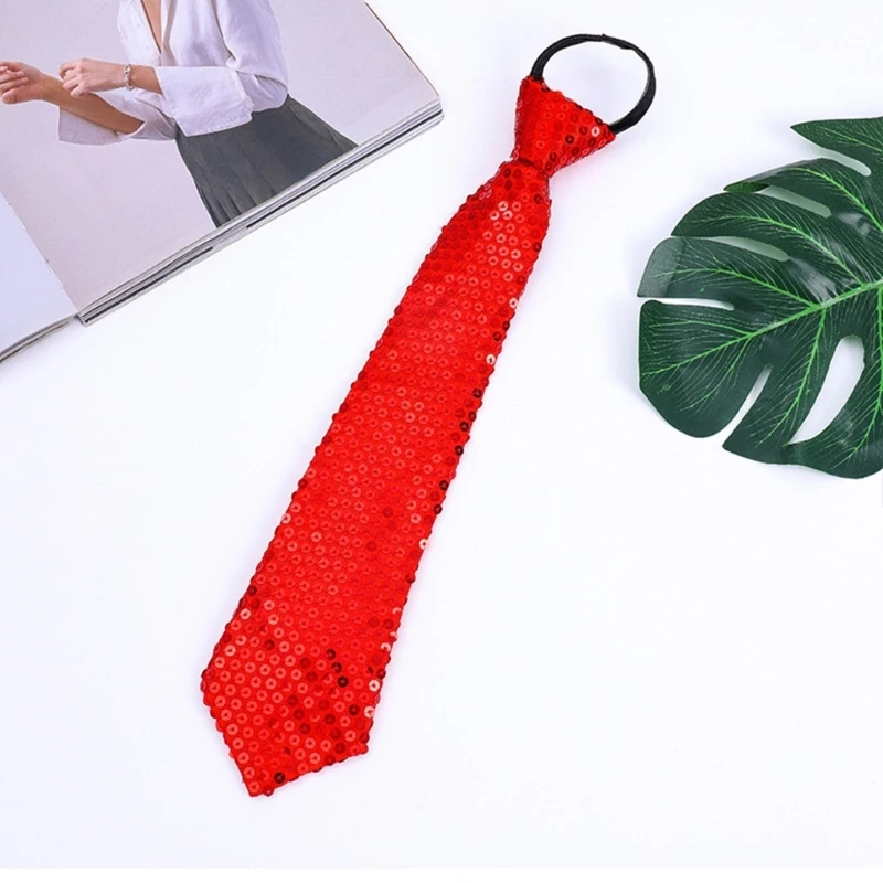 Sparkly Sequins Skinny Tie Adjustable Zipper Closure Glitter Paillette Pre-Tied Necktie Fashion Cosplay Party Costume