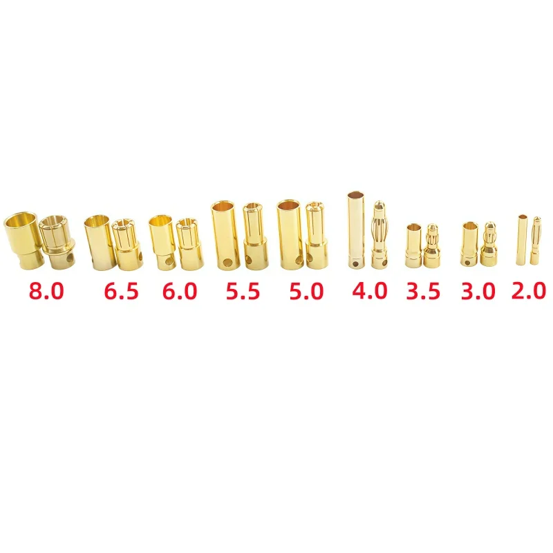 10pair 2mm 3mm 3.5mm 4mm 5mm 5.5mm 6mm 6.5mm 8mm Gold-plated Bullet Plug High Current Banana Connector for RC Lipo