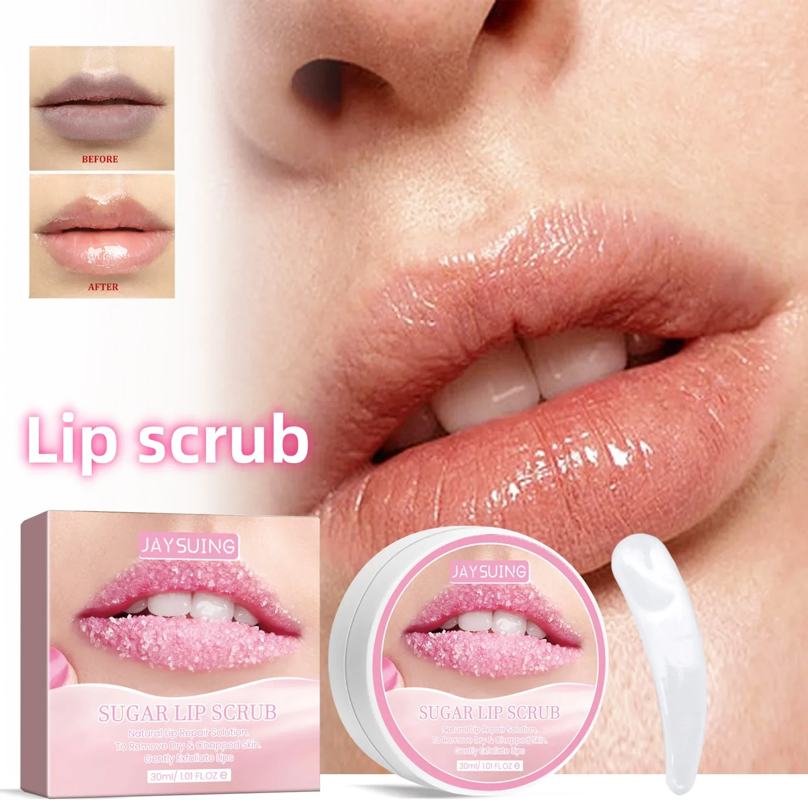 Lip exfoliating scrub reduces lip wrinkles, brightens dark lips, removes dead skin, moisturizes lips, and provides lip care