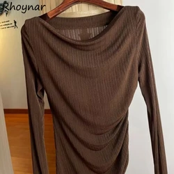 Swing Collar T-shirt Women Long-sleeve Trendy Solid Simple All-match Korean-style Pleated Slim Basic Office Ladies Gentle Cozy