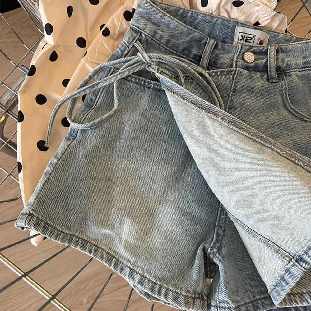 Summer Half Length Short Skirt Pants for Women 2025 New Fashion High Waist A-line Lace-up Denim Shorts Female Casual Hot Pants