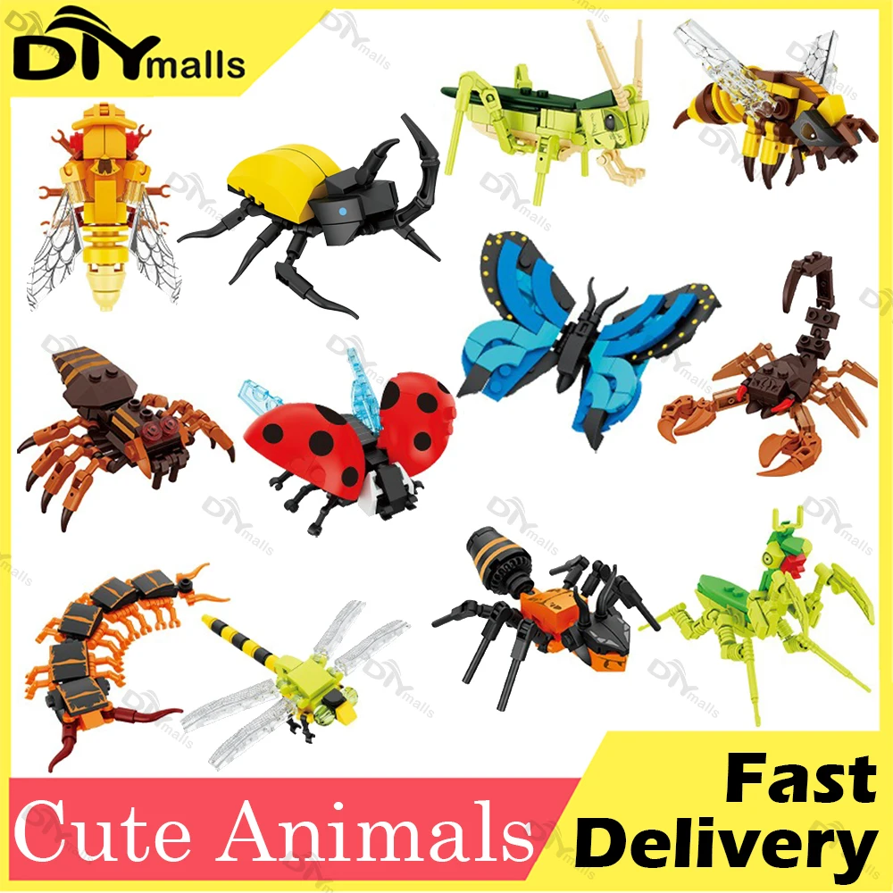 

Cute Animals City Farm Vegetable Garden Insect Dragonfly Spider Mantis Centipede Grasshopper Honeybee Building Block Bricks Toy