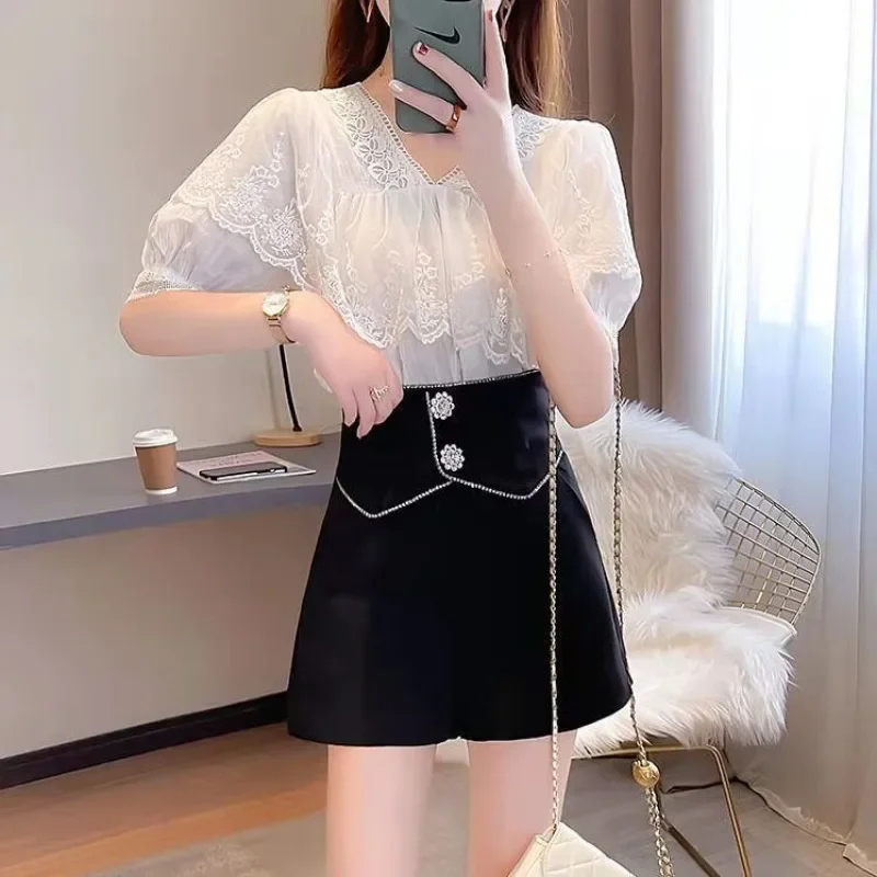 Rhinestones เอวสูงผู้หญิงสั้นกางเกงเลื่อมชุดกางเกงขาสั้นสีดําสําหรับผู้หญิง XL Jorts Streetwear ยืด Harajuku แฟชั่น