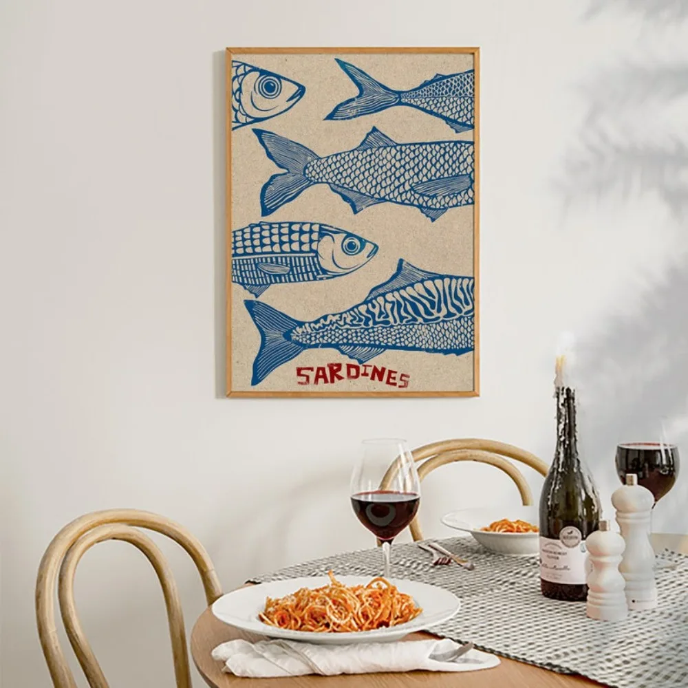 1 Piece Frameless Retro Sardine Print Kitchen Food Cartoon Poster Character Coffee Quotation Poster Wall Canvas Studio Decor