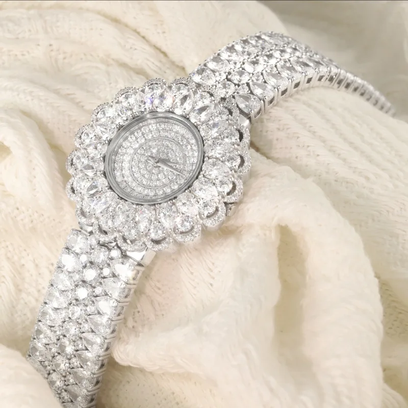 Luxury 925 Silver Moissanite Women's Watch Iced Out Diamond Floral Dial Bling Bracelet Watch Fine Jewelry Gift