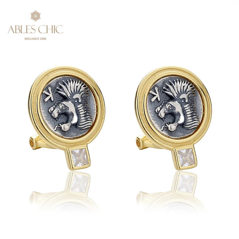 

Lion and Boar Greek Replica Silver Coins 18K Gold Two Tone Solid 925 Silver CZ Accent Stud Earrings E1071