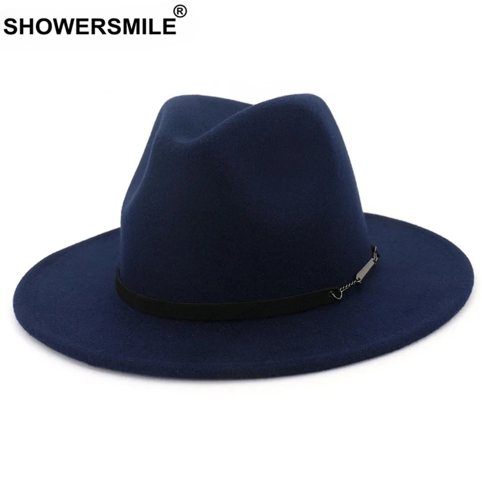 

New Design Navy Wide Brim Fedoras Men Wool Hats Khaki Casual Jazz Hat Women Large Brim Solid Belt Autumn Fashion Fedora Cap Gray