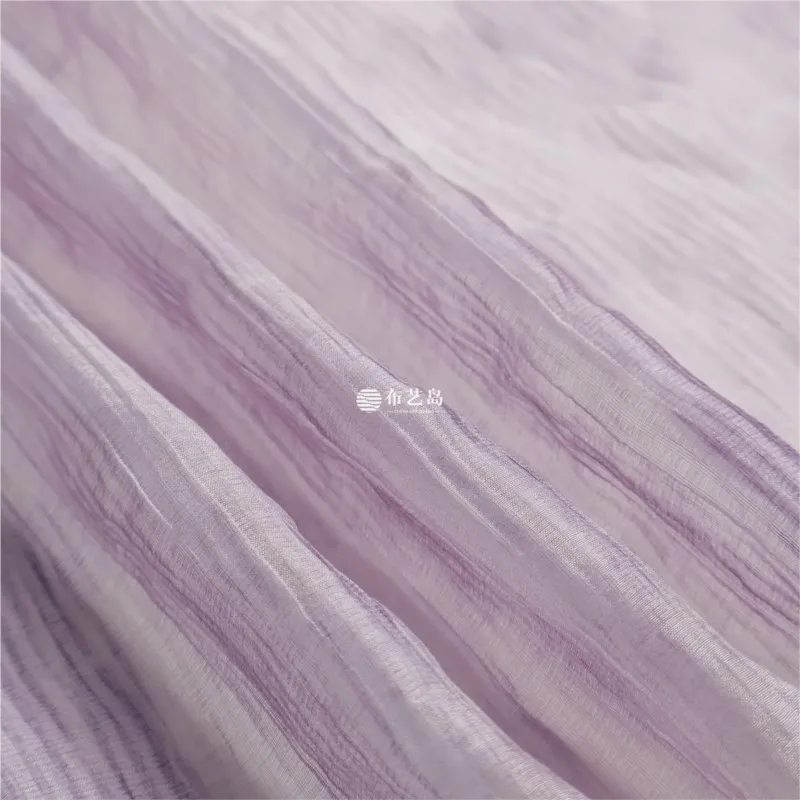 Skin-friendly semi-transparent light purple and blue irregular pleated vertical striped linen fabric for Hanfu