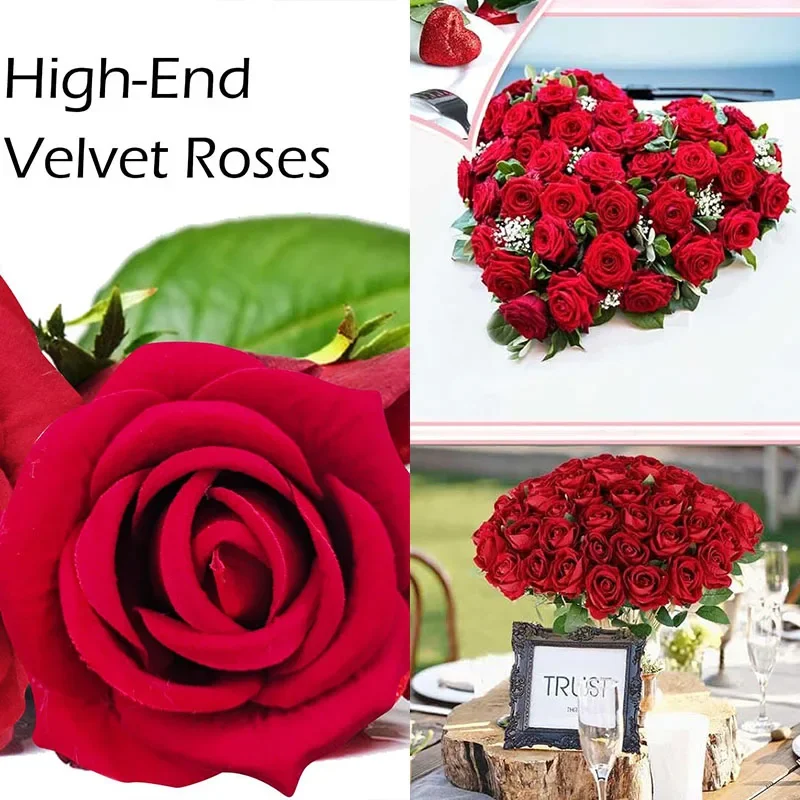 30 Pcs Velvet Rose Artificial Flowers with Long Stems Real Touch Fake Silk Roses Florals for Wedding Bouquet Party Home Decor