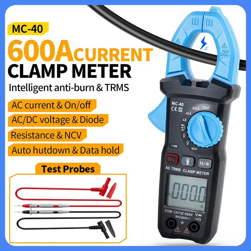 FNIRSI MC-40 Handheld Intelligent Clamp Multimeter, 6000 Count DC, 600A Resistor Diode NCV Test True RMS Flashlight