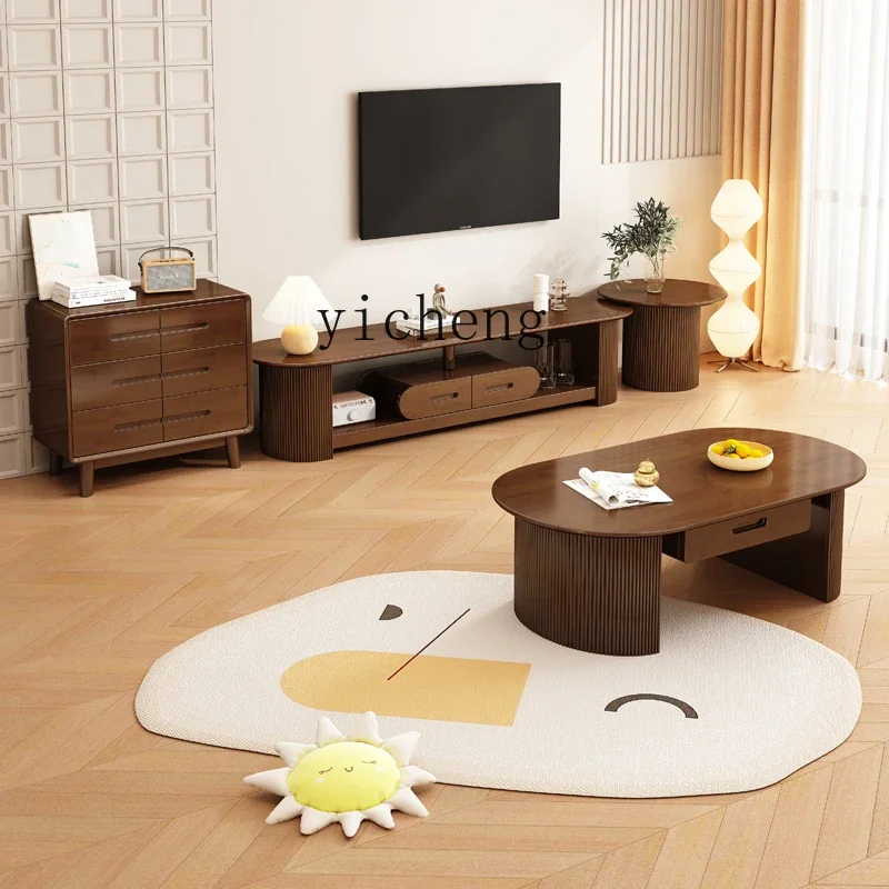 ZF Solid Wood TV Cabinet Coffee Table Combination Suit Living Room Modern Minimalist Log Cream Floor Cabinet