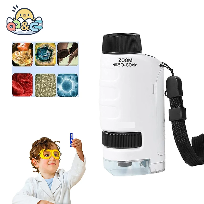 Kid's Pocket Microscope Toy Scientific Learning Kit 60-120x Magnification Mini Handheld Microscope Light Stem Educational Gift