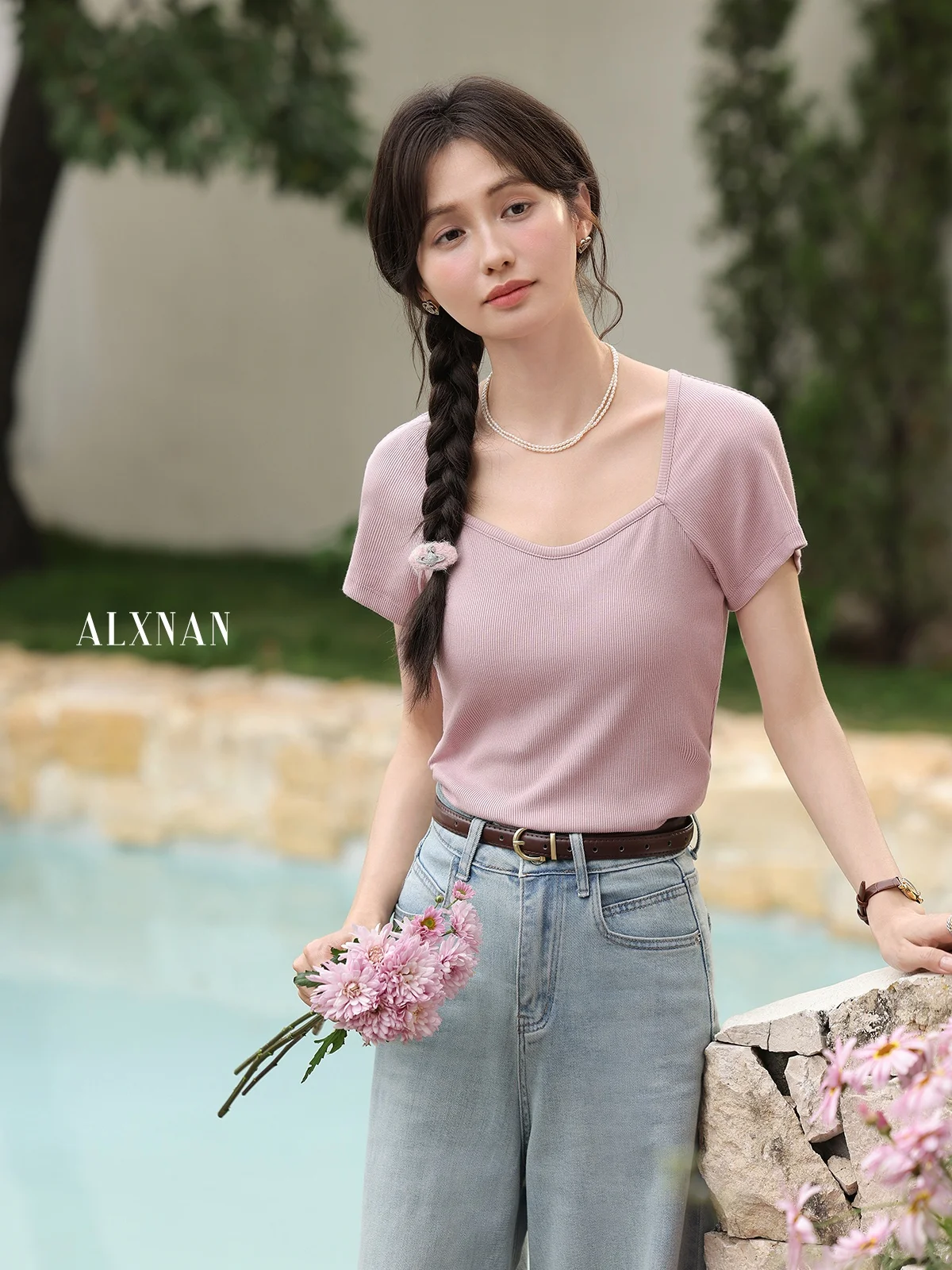 Ele Pink ort Sve T-irt レディース 夏 Faion 韓国 Sle 通勤 ピュアカラー スクエアカラー スリムフィット トップ