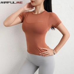 Women Sport Tops Elastic Quick Dry Slim Yoga Shirt Embossed Short Sleeve T-shirt Running Sportwear Girls Gym Workout Fitness Top