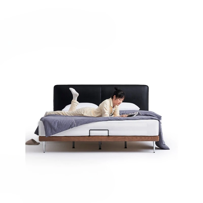 

Retro leather bed first layer cowhide black master bedroom double bed