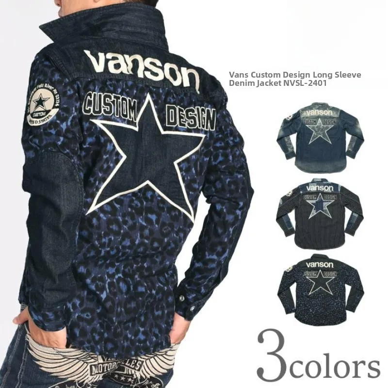 

Retro Striped Vason Motorcycle Knight Heavy Embroidery Patchwork Denim Leopard Print Workwear Long Sleeve Pure Cotton Shirt