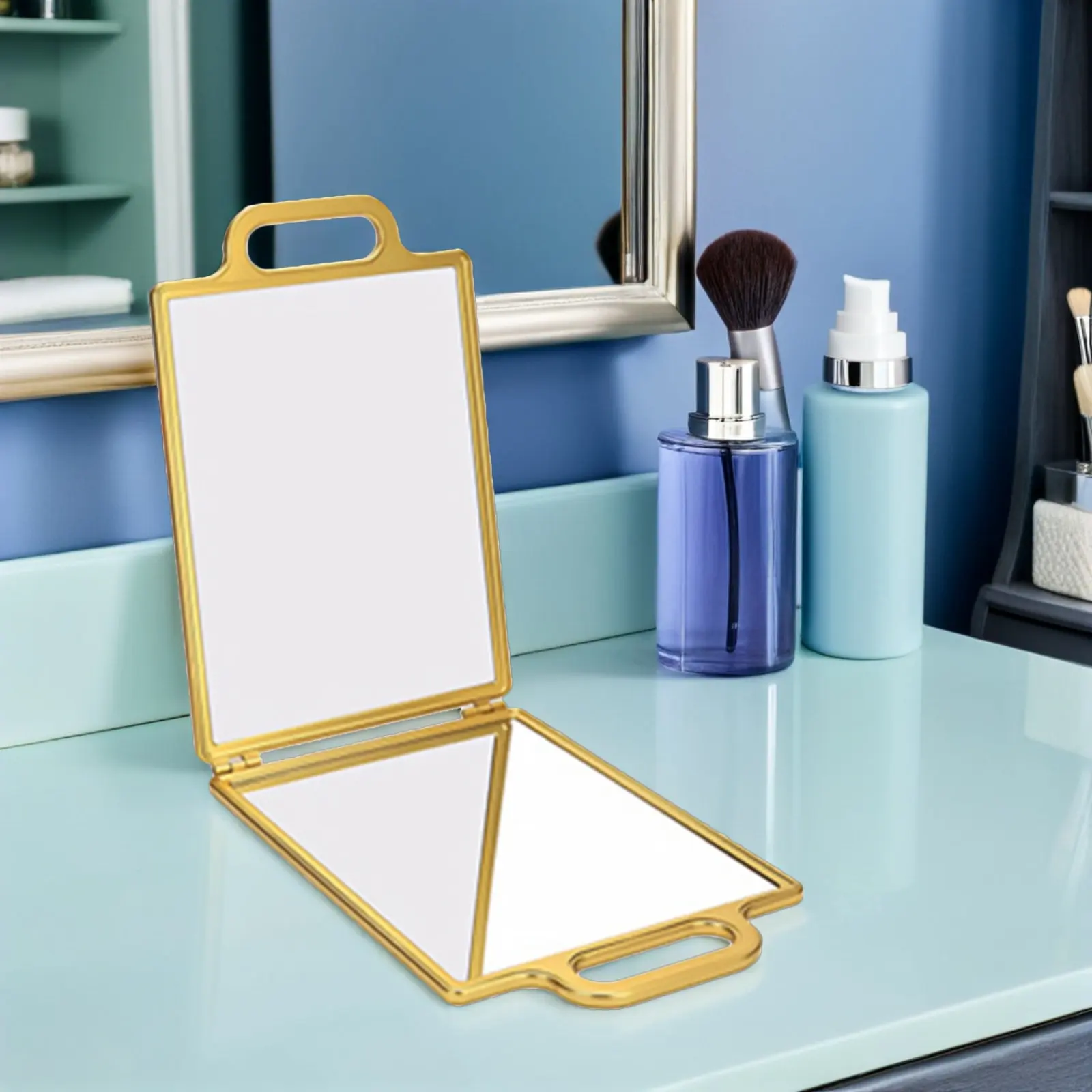 Portable Folding Double-Sided Haircut Mirror Gold Compact Salon Mirror Travel Makeup Vanity Styling Handsfree Grooming