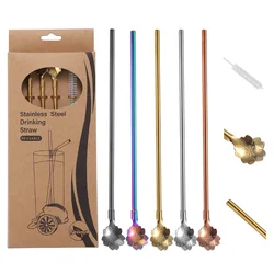 Cherry Blossom Straw Spoon Set 304 Stainless Steel Reusable Drink Stirrer with Cleaning Brush Home Kitchen Party Bar Accessories