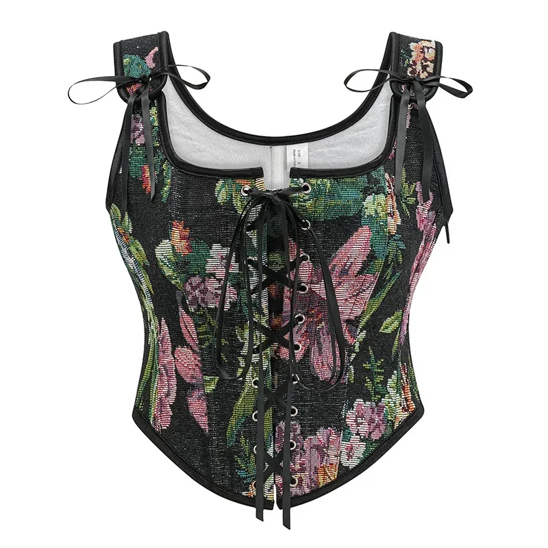 Vintage Gothic Women Corsets Lace Up Zip Floral Prints Corset Tank Top Sexy Waist Trainer Body Shaper Shapewear Slimming Vest