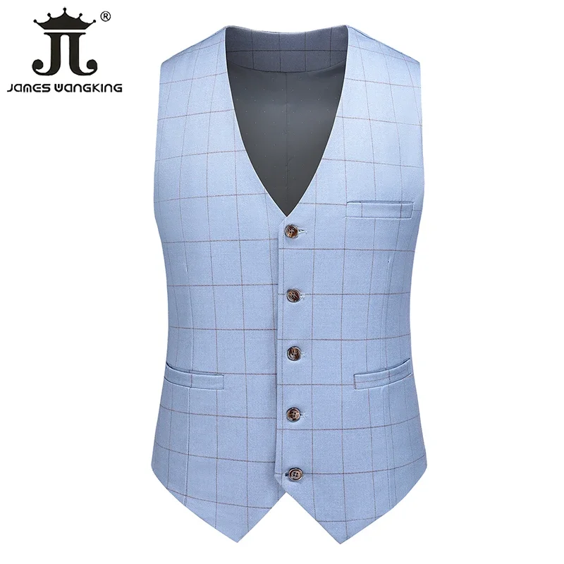 (Jacket+Vest+Pants) Blue Plaid Suit 3-Piece Groom Wedding Dress Men\'s Business Casual Social Workwear Fashion Slim Prom Tuxedo