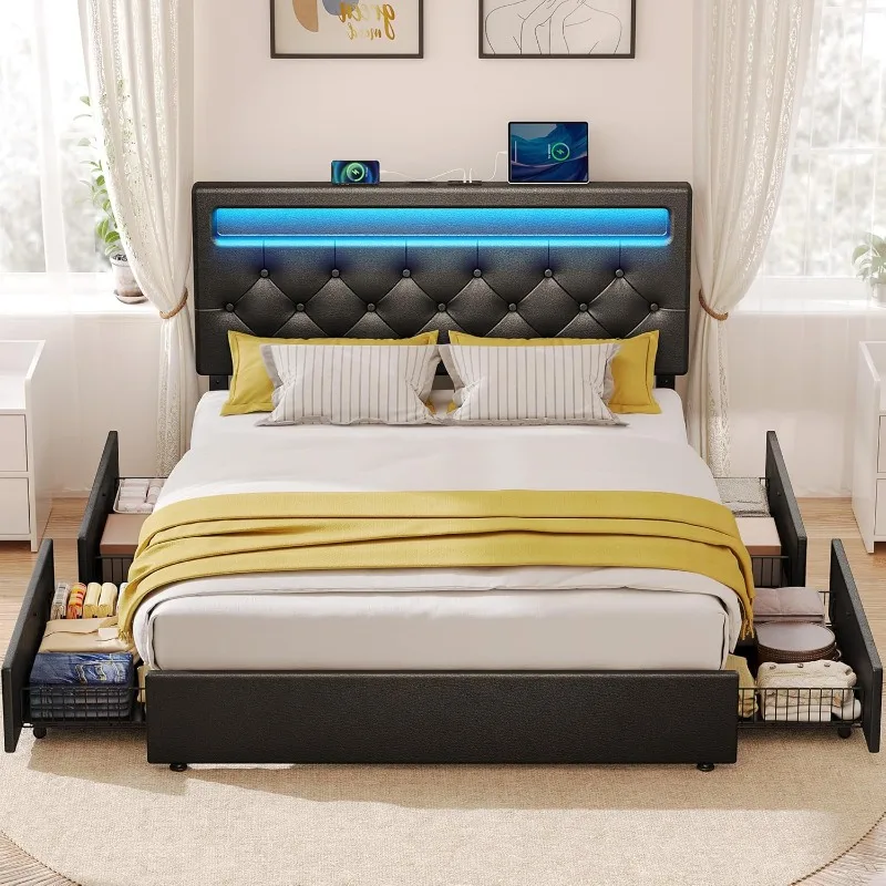 Bed Frame with LED Lights USB Ports,Upholstered PU Leather Bed with Adjustable Headboard 4 Storage Drawers,No Box Spring Needed