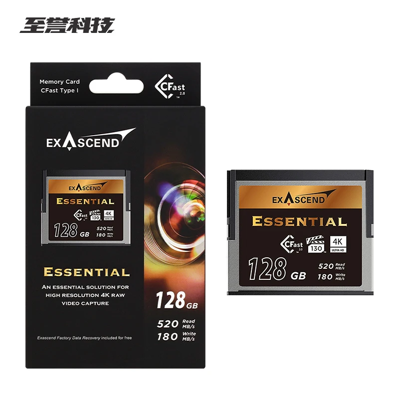 Карта памяти Exascend Essential Series CFast 2.0, 128 ГБ, 256 ГБ, 512 ГБ, 1 ТБ, чтение 520 МБ/с, запись 500 МБ/с, 4k RAW HD VPG130 для камер
