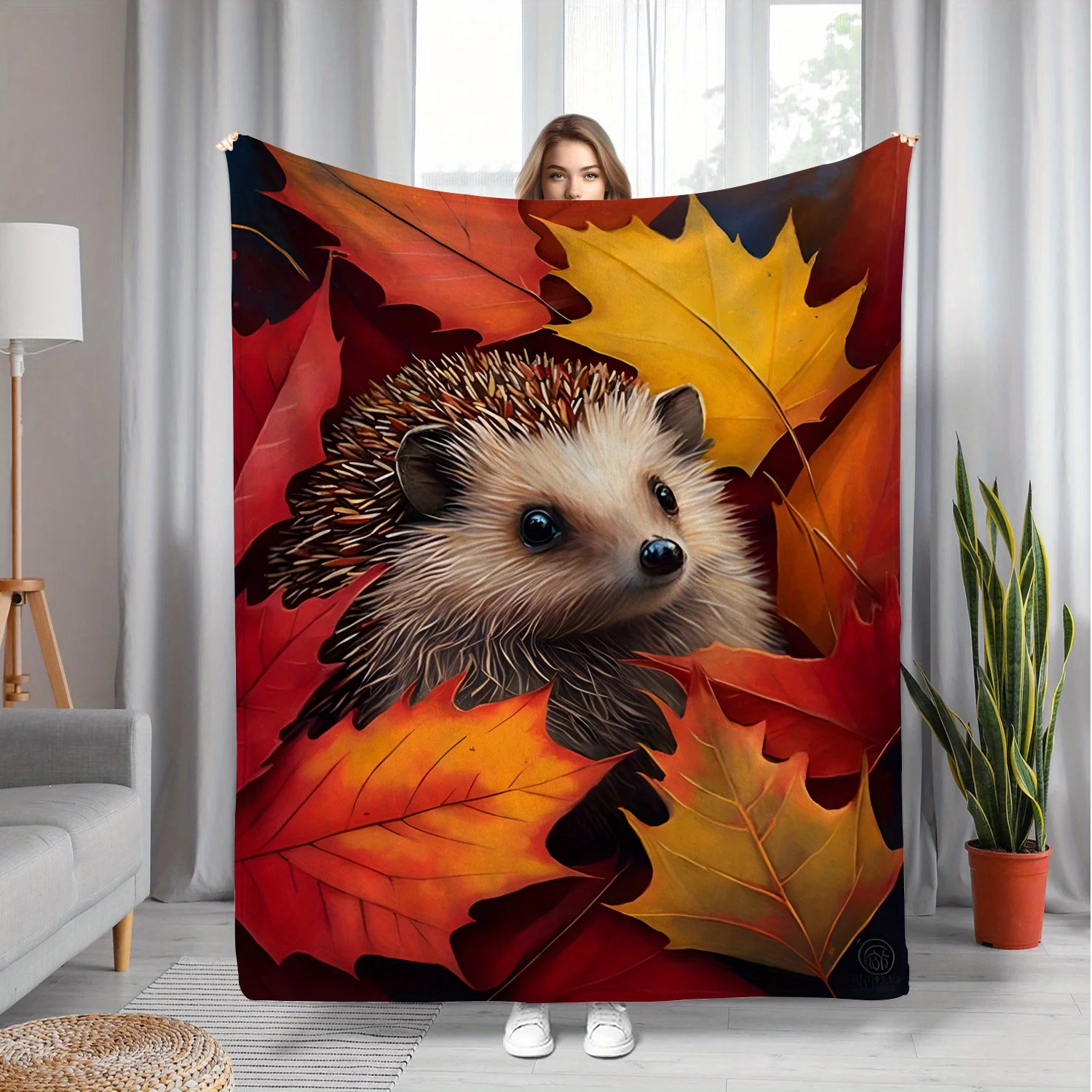 A Cozy And Warm Autumn Decoration Featuring a Hedgehog And Maple Leaves Flannel Blanket, Made of Soft Polyester with Digital Pri
