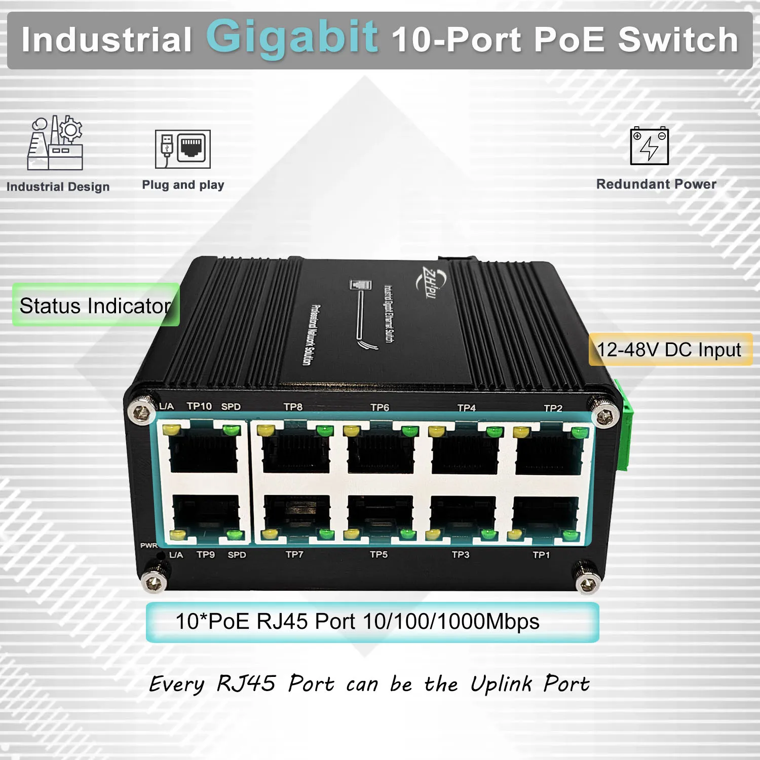 Industrial 10-Port Gigabit PoE Switch with SFP Slot, IEEE802.3af/at@120W, 12-48VDC Input, Din-Rail Supporting