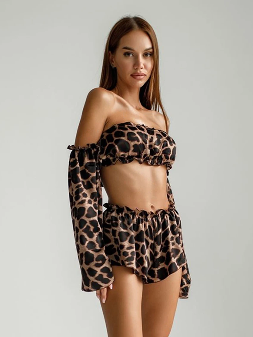 Marthaqiqi Leopard Print Female Pajama Set Long Sleeve Nightie Slash Neck Sleepwear Crop Top Nightgown Shorts Women Pyjamas Suit