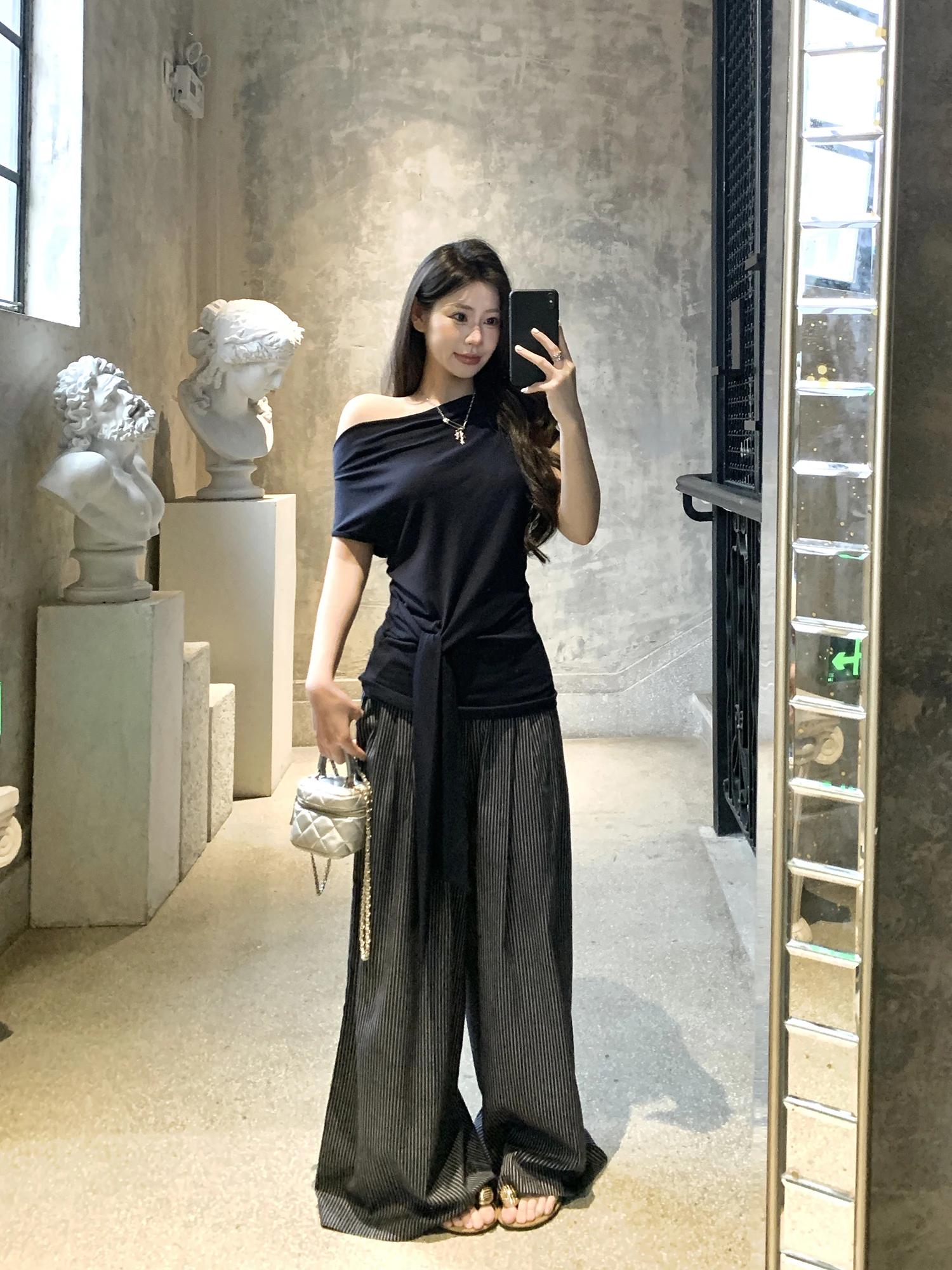 

Casual Summer Set with Sa ort Sve Women's Two-Piece Wide Leg Pants T-irt High Waist Long Pants Pure Color Faion Set