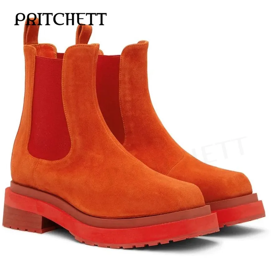 

Suede Fashion Color Matching Orange Boots Round Toe Square Root Low Heel Sleeve Ankle Boots Green Casual Cool Men's Shoes