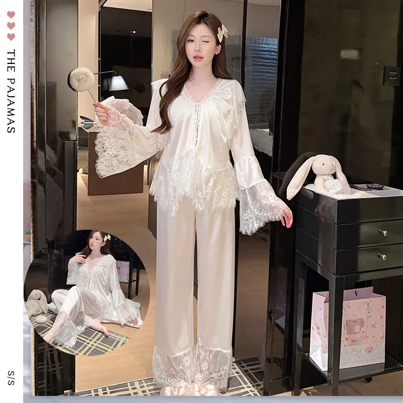 

V-Neck Lace Pajamas Sleep Suit Women 2PCS Shirt&pants Sleepwear Nightwear Autumn Long Sleeve Pyjamas Set Rayon Home Clothes