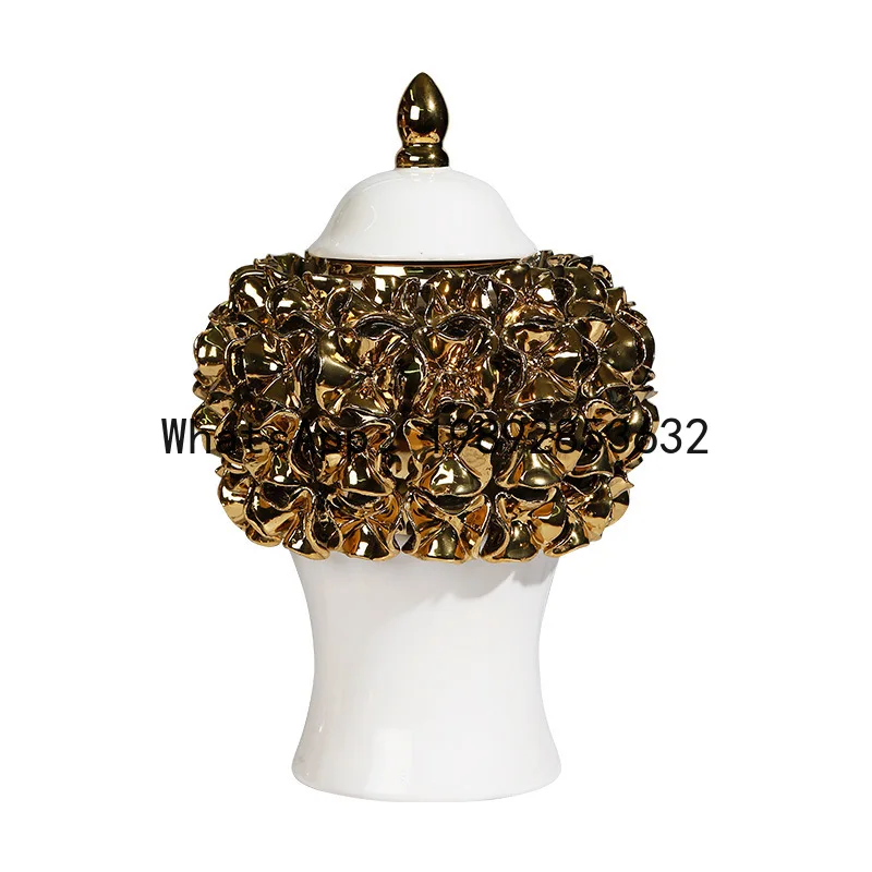 Ceramic General Jar Golden Flower Ginger Jar Relief Flower Vase Sealed Storage Tank Flowerpot Home Decoration Accessories