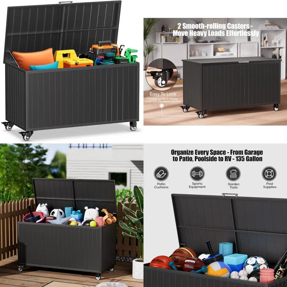

Waterproof Outdoor Storage Box with Swivel Wheels, Aluminum and Polylumber Deck Box for Patio, 135 Gallon Capacity