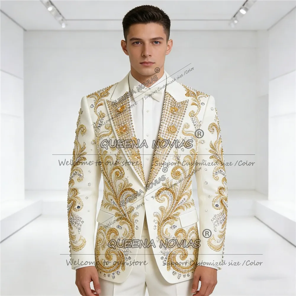 Male Fashion Rhinestones Beads Men Suits 2 Pieces Set Sparkling Tuxedos Wedding Party Attire Customized Blazer Pants Ropa Hombre