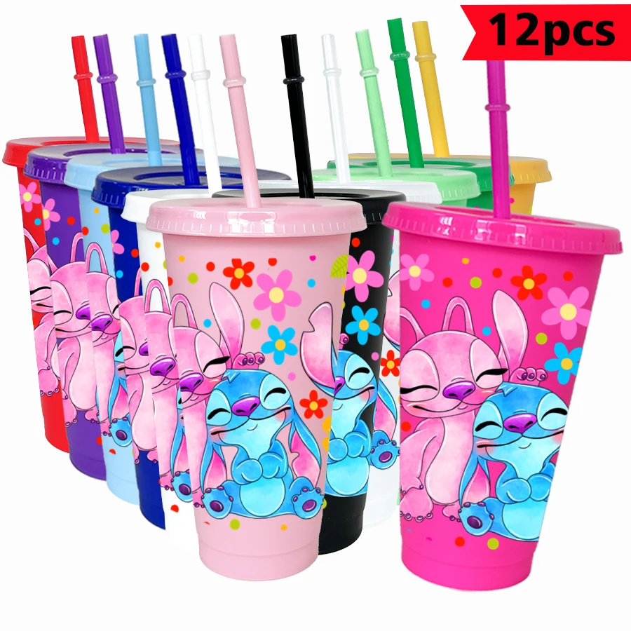 

12Pcs/pack Disney Stitch Flowers 26oz Colored Plastic Tumbler Birthday Party Drinking Utensils Juice Coffee Mug