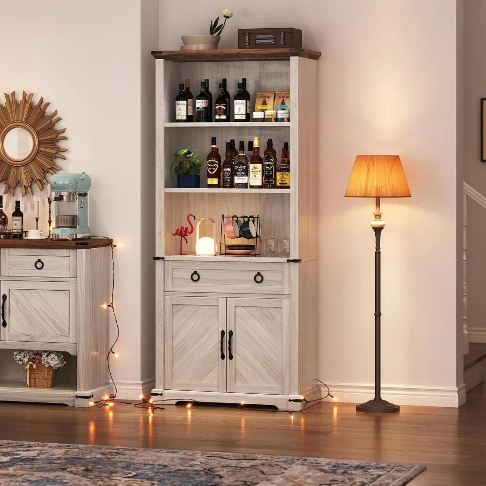 Bookcase with Doors & Drawers, Tall Bookshelf with Storage Shelves, Standing Display Shelf Organizer Rack,Off White+Walnut Grain