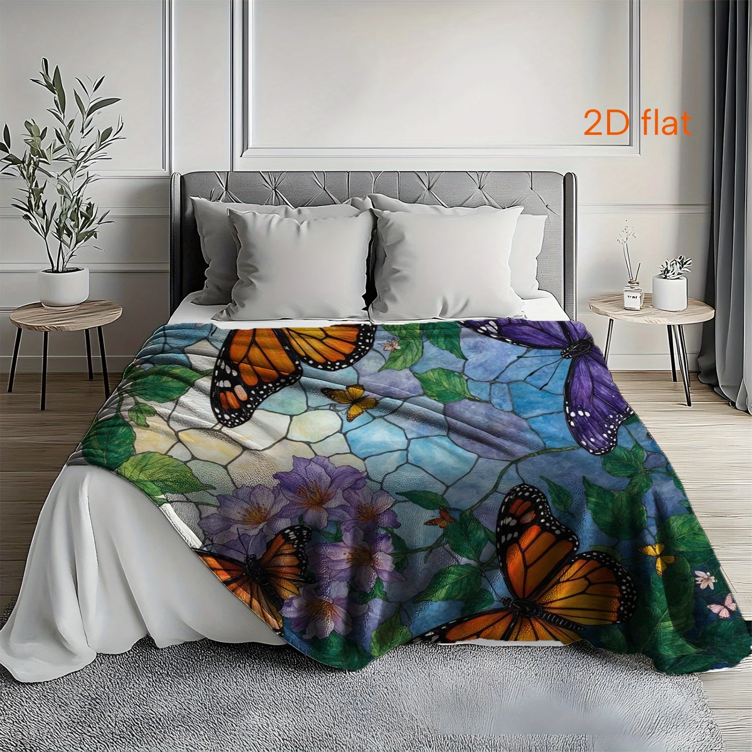 Stained Glass Style Monarch Purple Butterfly Purple Flower Green Leaf Print Flannel Blanket Soft for Home Bedroom Sofa Art Warm