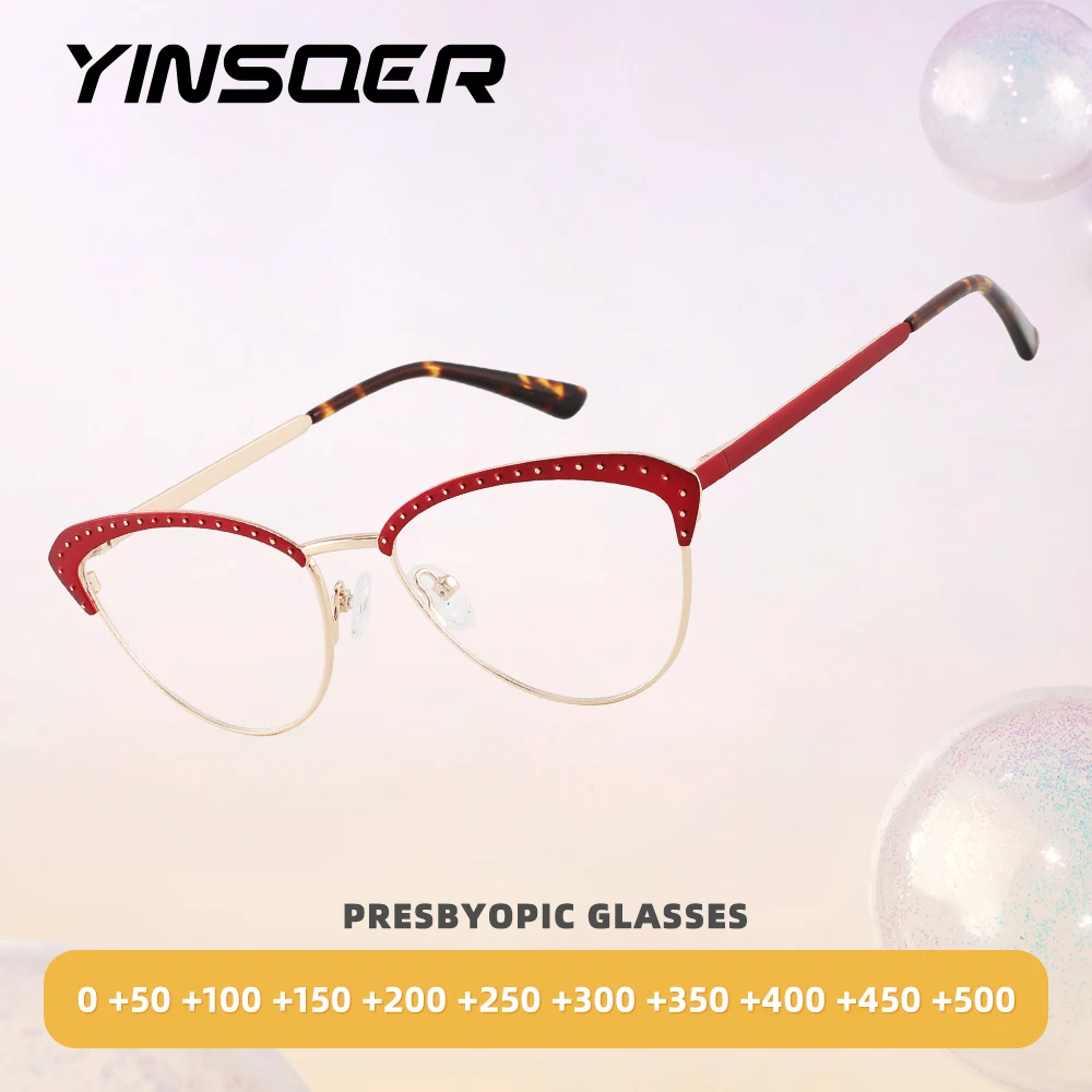 

Prescription Reading Glasses for Women Fashion Rivets Riangular Frames Anti-Blue Light Spectacles Red Cat Eye Luxury Eyeglasses