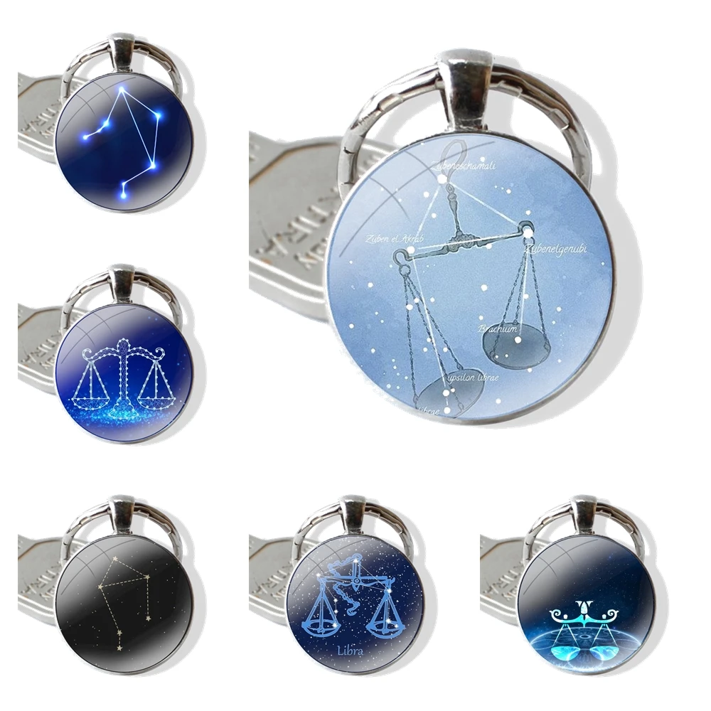 Keychain Handmade Glass Cabochon Key Ring Holder Pendant Key Chains Libra Constellation In Starry Dark Blue