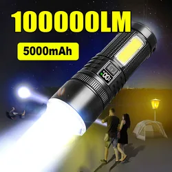 100000LM White Laser Powerful Flashlight Rechargeable Flash Light Long Range Torch With COB Side Light and OLED Power Display